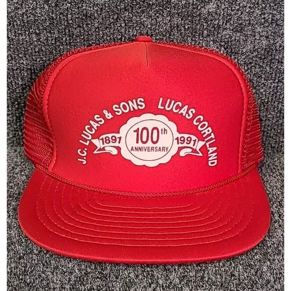 Vintage J.C. Lucas & Sons Trucker Hat Cap Red Snap Back 80s 90s Cortland N.Y.
